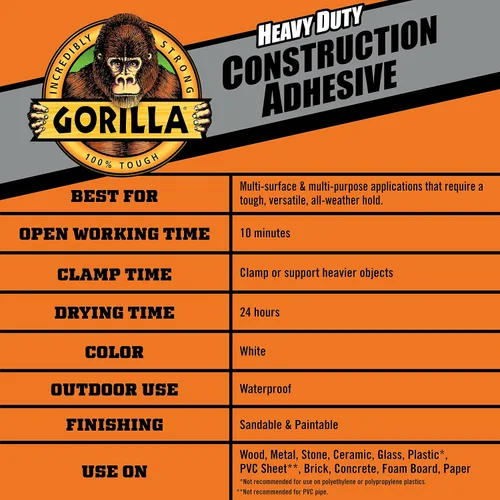 Miniatura 5 de Gorilla Adhesivo de construcción de gran potencia, pegamento blanco, tubo de compresión de 7 onzas (paquete de 1) - Relleno de espacios y resistente