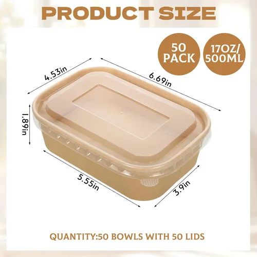 Miniatura 2 de Paquete de 50 cuencos desechables de papel kraft de 17 onzas con tapas, recipientes rectangulares de preparación de comidas a granel, ensaladera