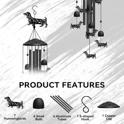 Miniatura 4 de Campanillas de viento de perro salchicha para exteriores, campanillas de viento decorativas, regalos de perro salchicha para mujeres/hombres, Negro