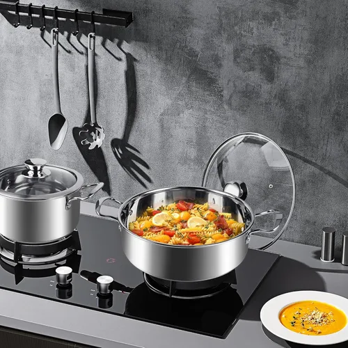 Miniatura 7 de Juego de ollas y sartenes de acero inoxidable, juego de 6 piezas de utensilios de cocina de inducción con tapas de vidrio, funciona con cocinas