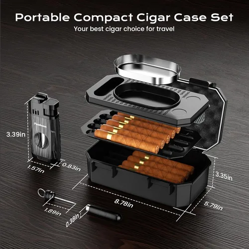 Miniatura 7 de Estuche de viaje para cigarros con encendedor de puros, cortador de cigarros en V, soporte de cigarros 3 en 1, cenicero, herramienta potenciadora 2