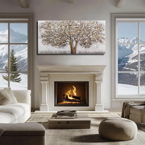 Miniatura 5 de CHUDANHAO Pósteres de Arte Grises Imágenes de Decoración de Pared de Árbol Grande para Oficina Arte de Pared Dorado y Blanco Pintura Botánica