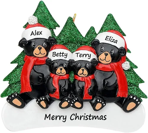 Miniatura 9 de MAXORA Adorno de Navidad personalizado para parejas 2026 – Adorno personalizado de familia de 2 de oso negro con nombres, decoración de árbol