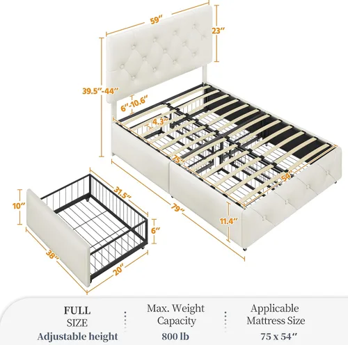 Miniatura 19 de Topeakmart Base de cama de plataforma tapizada tamaño Queen con cabecera ajustable en altura y 3 cajones de almacenamiento, base de colchón de piel