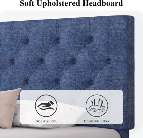 Miniatura 6 de HOMBCK Marco de Cama Queen con Cabecera Capitoné con Botones, Marco de Cama de Plataforma Tapizada Azul, Tela Suave/Soporte de Listones de Madera/No