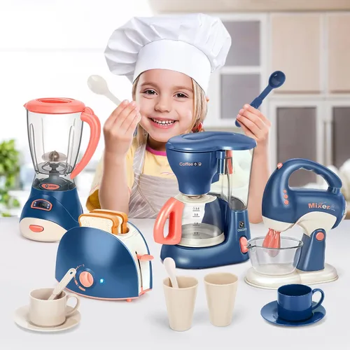 Miniatura 2 de Yalujumb Accesorios de cocina de juguete, aparatos de cocina de juguete con cafetera, licuadora, mezcladora, tostadora con luces y sonidos