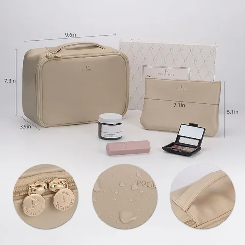 Miniatura 6 de Pocmimut Bolsa de maquillaje, bolsa de cosméticos grande 2 en 1 con soporte para cepillos, bolsa de aseo de viaje y organizador de tocador