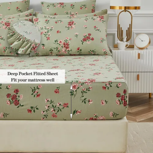 Miniatura 4 de FADFAY Juego de sábanas de cama tamaño King 100% algodón, color verde salvia, patrón floral de rosas rojas de campo francés, ropa de cama de lujo