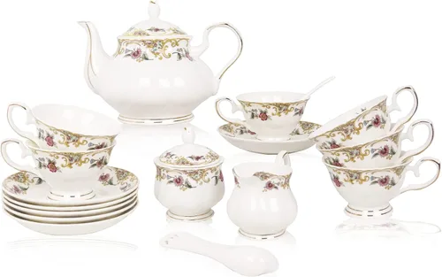 ACMLIFE Juego de té de porcelana de hueso para adultos, juego de té de porcelana fina blanca y floral de 21 piezas, juego de 6 tazas de té inglés