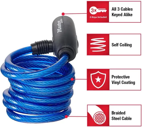Miniatura 2 de Master Lock Cables para candado de bicicleta con llave, azul, verde y rojo, paquete de 3 cerraduras de cable de bicicleta con llave, 6 pies