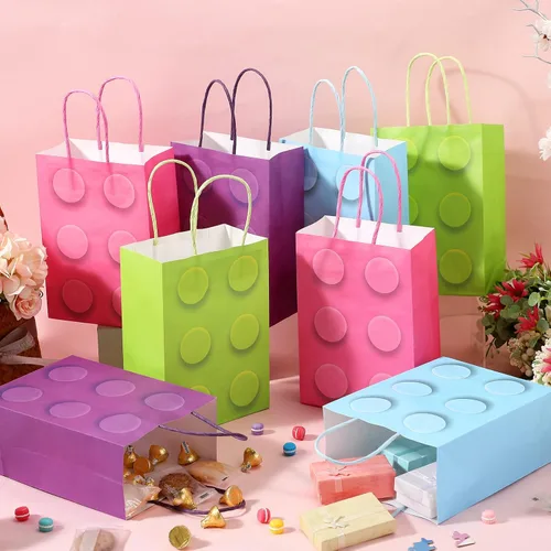 Miniatura 2 de PerKoop 24 bolsas de bloques de construcción, bolsas de papel para dulces de ladrillos, bolsas de regalo de fiesta con asa para niñas, bloques