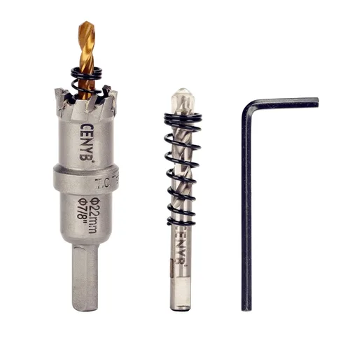 Miniatura 22 de 10 piezas (16-54 mm) Kit de sierra perforadora de carburo TCT para metales duros. Incluye 2 brocas de titanio, 1 broca piloto escalonada y 2 llaves