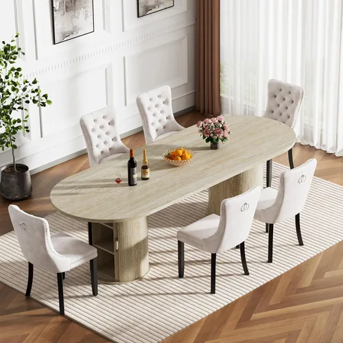 Miniatura 15 de Mesa de comedor redonda extensible con base de almacenamiento, mesa de comedor expandible natural de 63 a 94 pulgadas para 10 personas, mesa