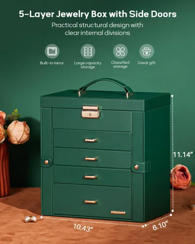 Miniatura 29 de Homde Regalos de Navidad de cuero sintético, enorme joyero, organizador de reloj con espejo, collar, anillo y aretes, estuche de regalo con Dorado