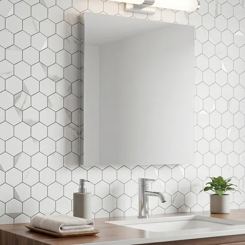 Miniatura 4 de 10 hojas de azulejos para despegar y pegar para salpicaduras de cocina, azulejo hexagonal de 31.5 x 29.3 cm, mármol blanco, mezcla de metal Mármol