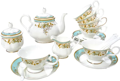 Miniatura 11 de Juego de té de porcelana de hueso, juego de té de porcelana de 21 piezas para adultos, tazas de té y platillos para 6, con tetera, cucharas, Azul