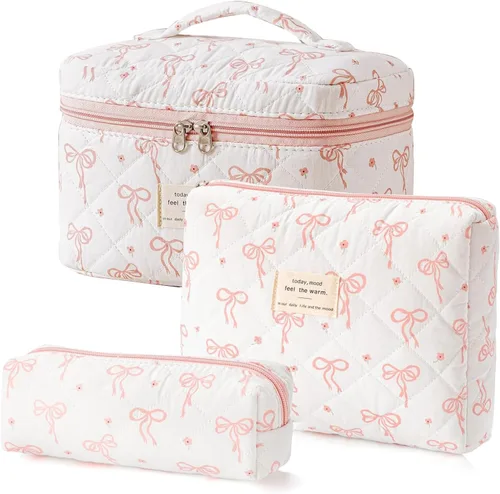 Miniatura 7 de Juego de 3 bolsas de maquillaje acolchadas de algodón, bolsa de cosméticos de algodón floral, bolsa organizadora de viaje para mujeres y niñas (oso)