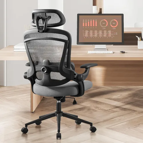 Miniatura 6 de Silla de oficina ergonómica de malla, silla de escritorio de computadora con respaldo alto con reposacabezas ajustable y soporte lumbar, silla Gris
