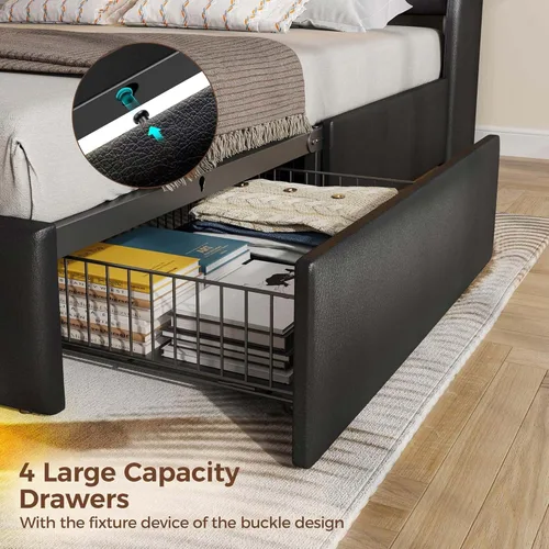 Miniatura 6 de Rolanstar Marco de cama tamaño twin con luces LED y estación de carga, cabecera de almacenamiento de cuero PU y cajones, listones de madera Negro