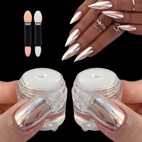 2 piezas de polvo de uñas cromado blanco mágico, polvo de uñas metálico con efecto espejo súper brillante, brillo para uñas, pigmentos de manicura