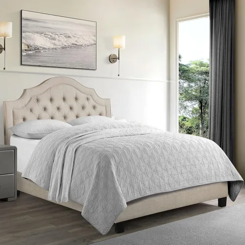 Miniatura 12 de Rosevera Jardin - Marco de cama con plataforma copetuda con botones, base de cama tapizada de tela con cabecera ajustable y soporte de listones