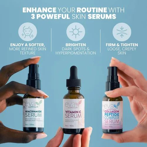 Miniatura 3 de Eva Naturals Paquete de suero Firm & Glow - Sueros de vitamina C, péptidos y niacinamida - Juego de suero facial antienvejecimiento para arrugas