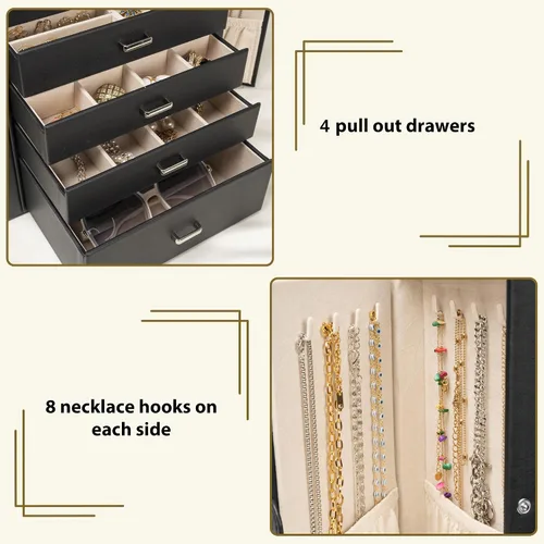 Miniatura 4 de AKOZLIN Joyero de 5 niveles con cerradura de cuero con 4 cajones para mujeres y niñas, anillo collar, aretes, pulsera, relojes, organizador