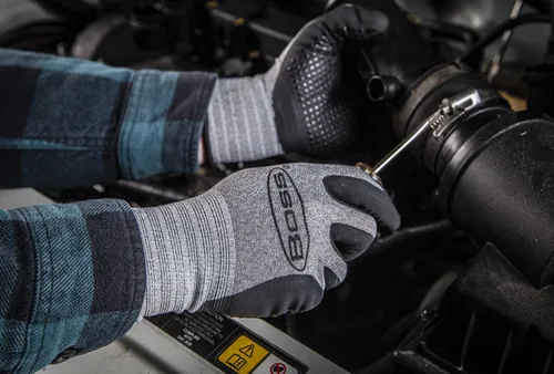Miniatura 9 de BOSS Agarre táctil para hombre con palma recubierta de nitrilo y guantes de trabajo con carcasa de nailon, palma punteada, alta destreza, resistente