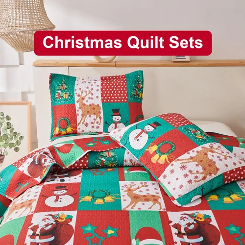 Miniatura 4 de Juego de colcha de Navidad de Smuge, tamaño king - Reversible, con diseño de alce, muñeco de nieve, árbol de Navidad, pequeña campana, rojo, verde