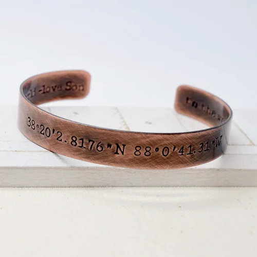 Miniatura 2 de Coordinates Copper Cuff Bracelet - Custom Latitude Longitude GPS Location, Personalized Valentines Gift for Men and Women