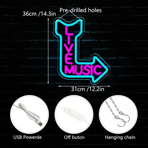 Miniatura 4 de Letreros de neón de música en vivo, luz de neón LED para decoración de pared, letrero iluminado para decoración de la cueva del hombre, cerveza