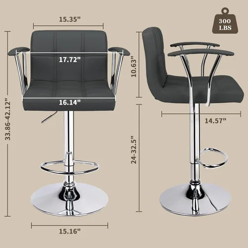Miniatura 3 de ERGOSEAT Juego de 2 taburetes de bar, taburetes giratorios ajustables con reposabrazos y respaldo, taburetes de bar de altura de mostrador de cuero