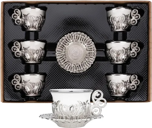 Miniatura 6 de Alisveristime Juego de tazas de café turco, porcelana blanca y metal de zinc con motivos turcos, 6 tazas y platillos (dorado)