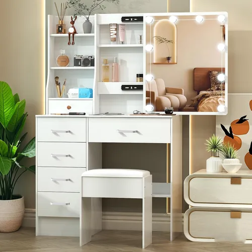 Miniatura 22 de Escritorio blanco cálido con espejo iluminado LED, mesa de tocador de maquillaje con armario izquierdo iluminado, 6 cajones y taburete, tocador
