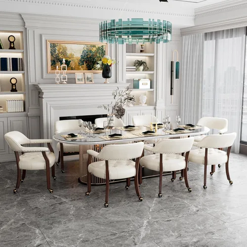Miniatura 76 de Juego de 8 sillas de cuero de comedor con ruedas y brazos, silla de capitán Accent con ruedas, sillas de madera con ruedas enrollables para cocina