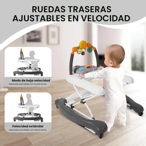 Miniatura 6 de Andador de bebé, 5 en 1 para niños y niñas de 6 a 12 meses con gorila, reposapiés extraíble, bandeja de alimentación y música, caminador de C-gris