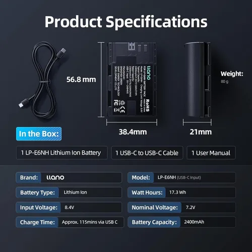 Miniatura 9 de llano Batería LP-E6NH de 2400 mAh con carga rápida USB-C para Canon EOS R5/R6/R7 Mark Il, 5D/6D/7D Mark Il/llI/IV, 60D/70D/80D/90D, totalmente