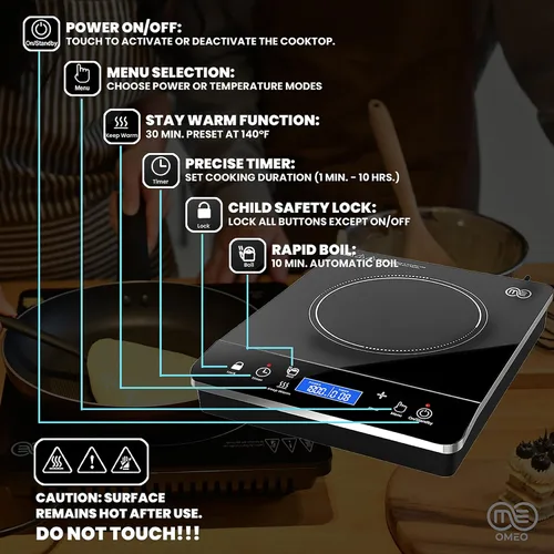 Miniatura 6 de OMEO Placa de cocción portátil de doble inducción con 2 quemadores, control táctil, cocina de inducción de 110 V con bloqueo de seguridad, pausa