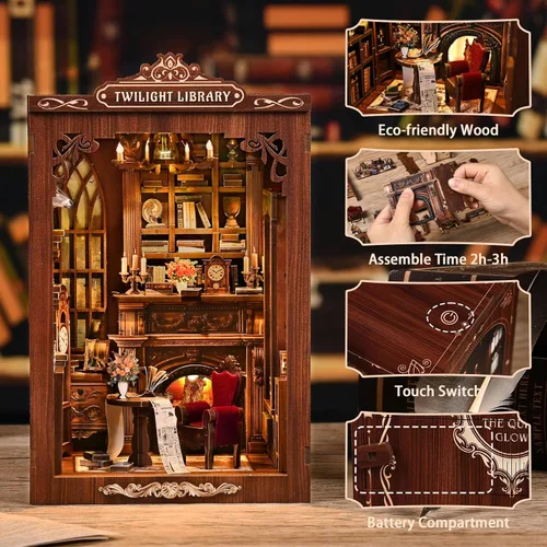 Miniatura 8 de Kit de rincón de libros 3D de madera para adultos, manualidades, kit de casa de muñecas en miniatura y kit de casa en miniatura, kit de construcción