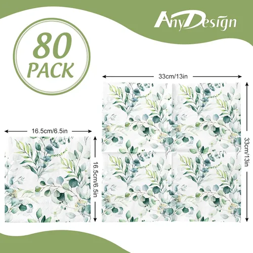 Miniatura 2 de AnyDesign 80 servilletas de papel de eucalipto vegetal, acuarela, hojas verdes de primavera, servilletas de almuerzo, servilletas decorativas