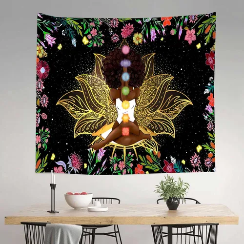 Miniatura 14 de Ine Ive Tapiz de chakra africano, mujer afroamericana, tapices de meditación zen, 40 x 30 pulgadas, cielo estrellado, flores, jardín, inspirador