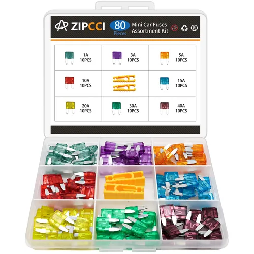 ZIPCCI 80 piezas de mini fusibles para automóvil, kit surtido de fusibles (1A/3A/5A/10A/15A/20A/30A/40AMP), fusibles de cuchilla automotriz para RV,
