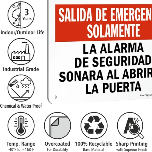 Miniatura 4 de SmartSign Letrero bilingüe "Solo salida de emergencia: la alarma de seguridad sonará si la puerta está abierta", plástico de 10 x 14 pulgadas