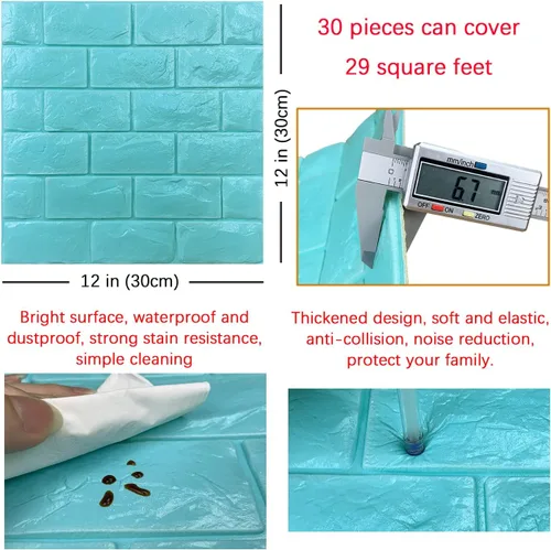 Miniatura 5 de 30PCS Paneles de Pared 3D Despegar y Pegar Papel Tapiz de Ladrillo Falso Azul Espuma Autoadhesiva Paneles de Ladrillo Paneles de Pared de Piedra
