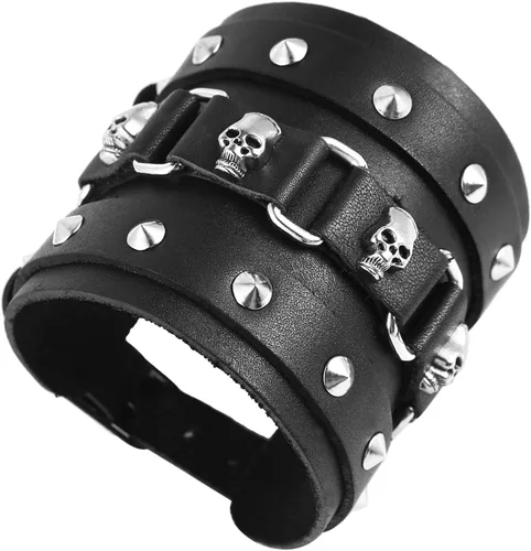 Miniatura 5 de STWTR Pulsera ancha de cuero con cinturón ancho para hombre, estilo punk, rock, moto