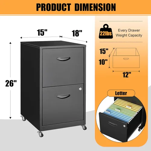 Miniatura 3 de Archivador móvil de 2 cajones con cerradura, archivadores de metal con ruedas, gabinete de almacenamiento enrollable negro, archivador vertical