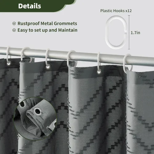 Miniatura 7 de Siiluminisoy Cortina de ducha gris para baño de tela bohemia, cortina de ducha de tela con textura de chevrón tufted elegante, cortinas de ducha
