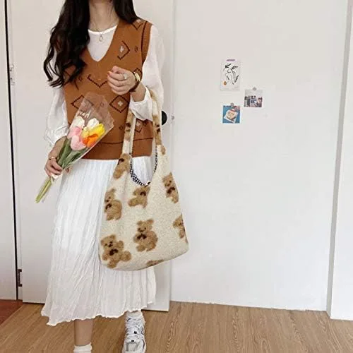 Miniatura 6 de Bolsa de piel sintética para mujer y niña, tipo bandolera, linda, grande, con diseño de oso de felpa para compras o citas