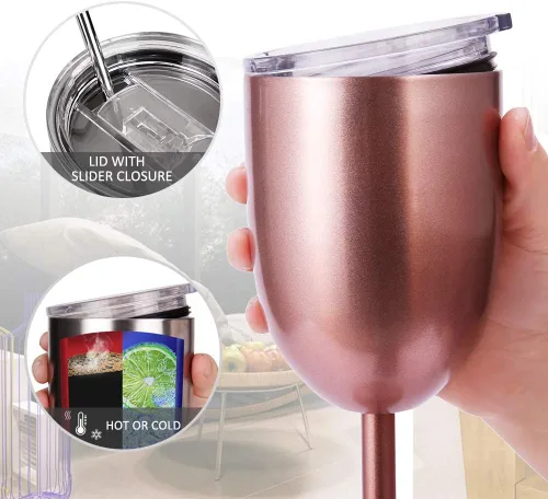 Miniatura 3 de AMZUShome Copas de vino de acero inoxidable (paquete de 2). Vaso de vino de doble pared aislado al vacío con tapa y pajita. Amistad, Navidad, Oro