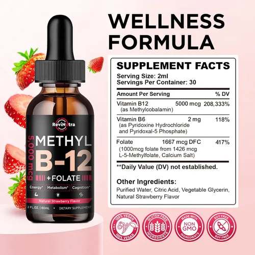Miniatura 7 de Gotas líquidas de vitamina B12, vitaminas B12 de 5000 mcg, suplemento de complejo de vitamina B con metilcobalamina B12 sublingual, vitamina B6